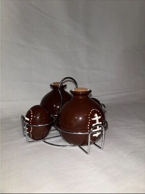 Coushatta Brown Ceramic Salt and Pepper Shaker, Vinegar, and Oil w/Caddy
